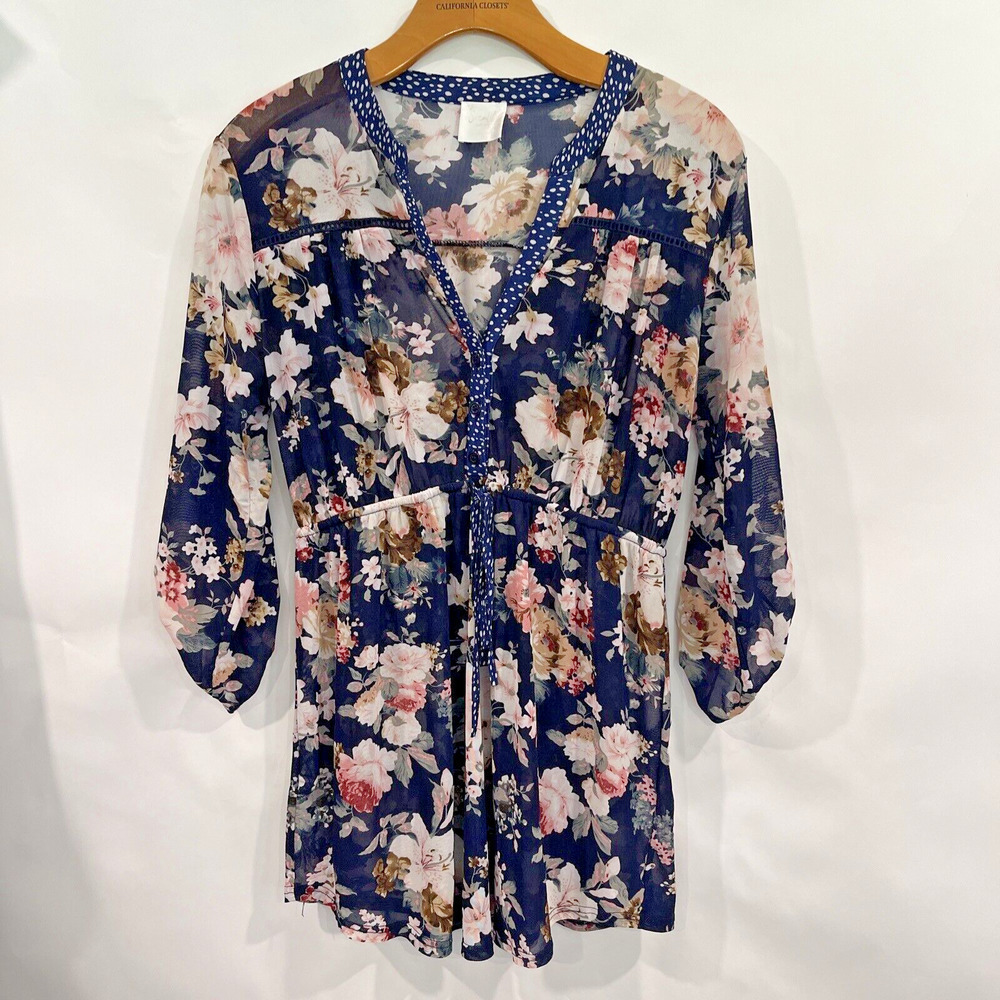 Womens Babydoll Top XL Floral V Neck Button Up Stretch Roll Tab Tunic Semi Sheer